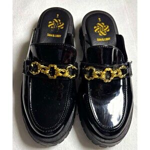 Sam & Libby Women’s Size 9 Black Patent Mule Loafers Gold Chain Chunky Lug Sole